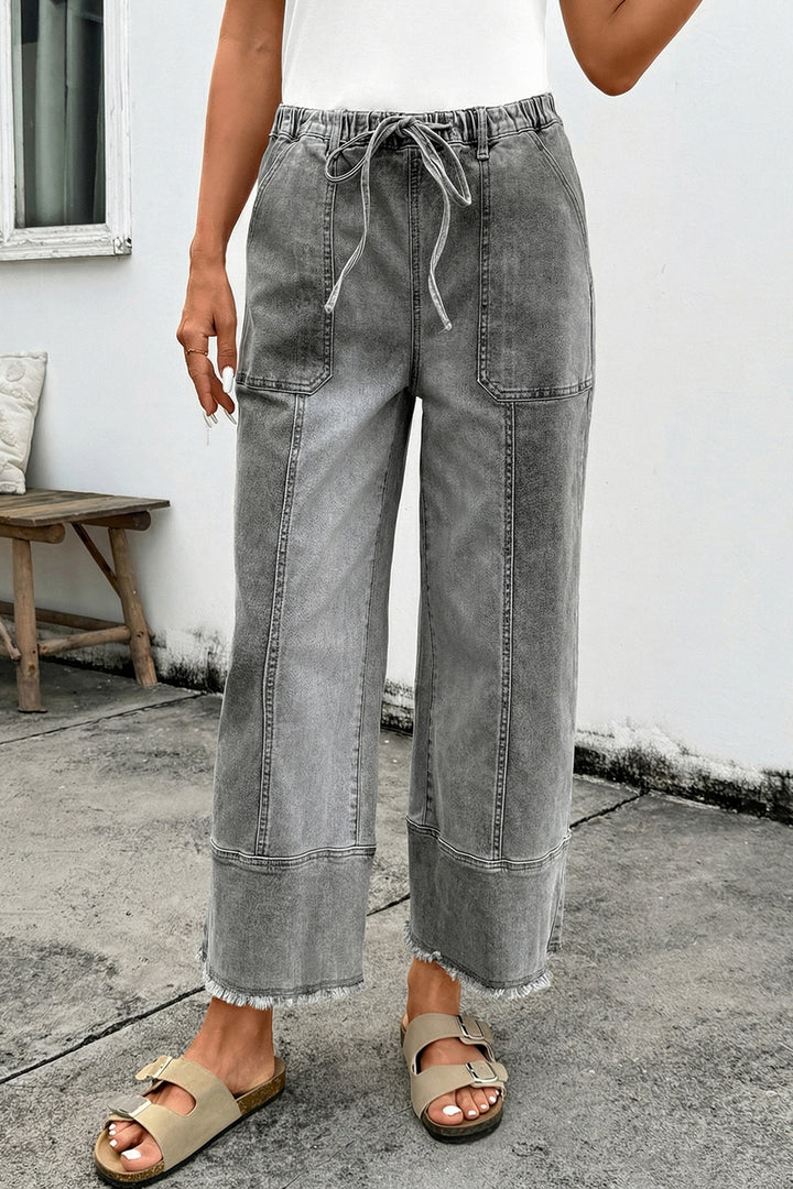Prussian Blue Drawstring Seam Detail Raw Hem Wide Leg Denim Pants