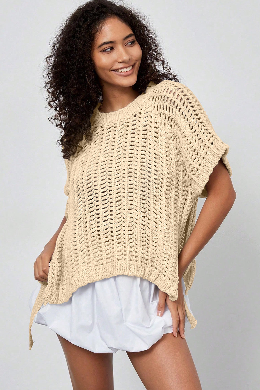 Black Plus Size Open Knit Bow Tie Short Sleeve Sweater