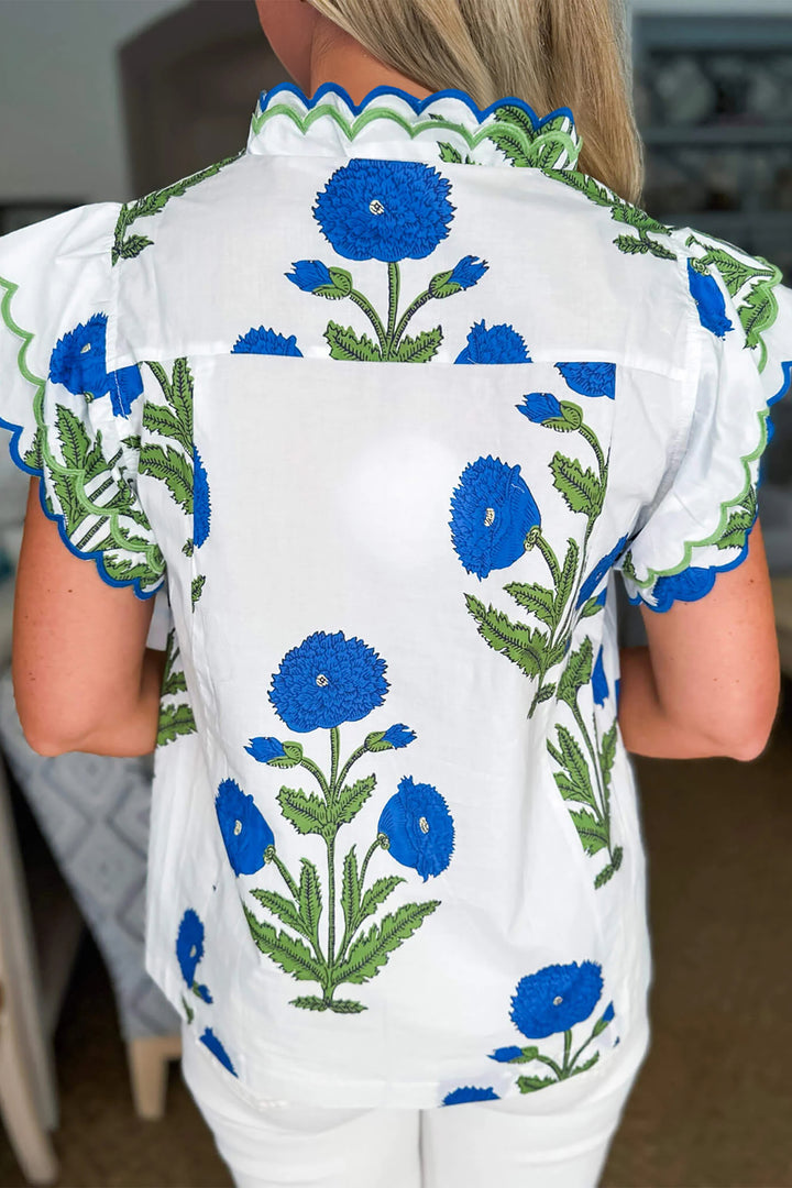 Blue Wild Flower Print Contrast Trim Scallop Detail Short Sleeve Blouse