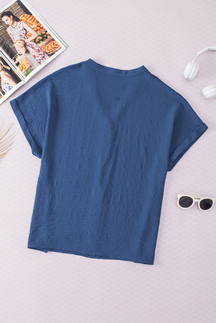 Sail Blue Notched Neck Batwing Sleeve Lightweight Blouse