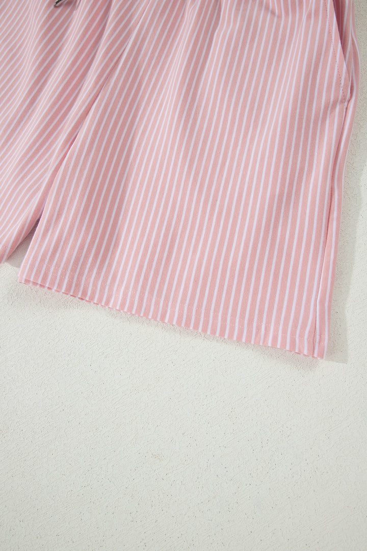 Pink Stripe Dolman Sleeve Polo Shirt and Drawstring Shorts Set
