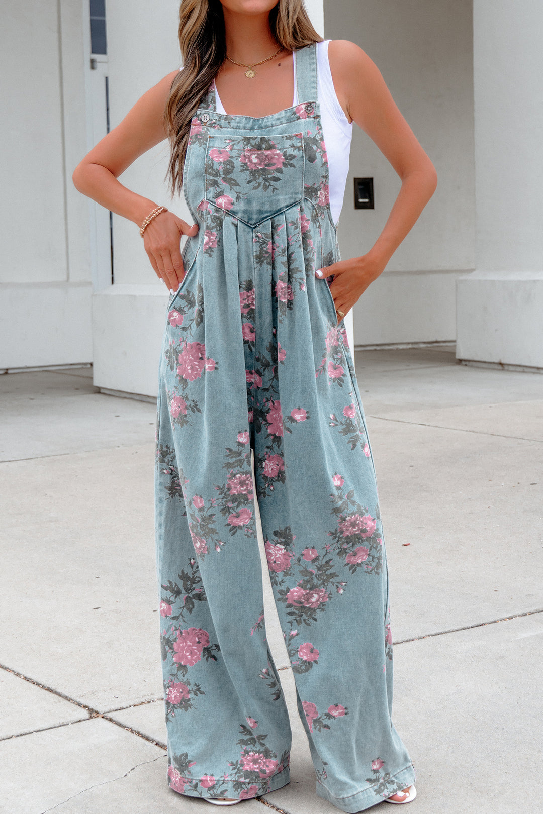 Beau Blue Floral Print Pleated High Waist Wide Leg Denim Jumpsuit
