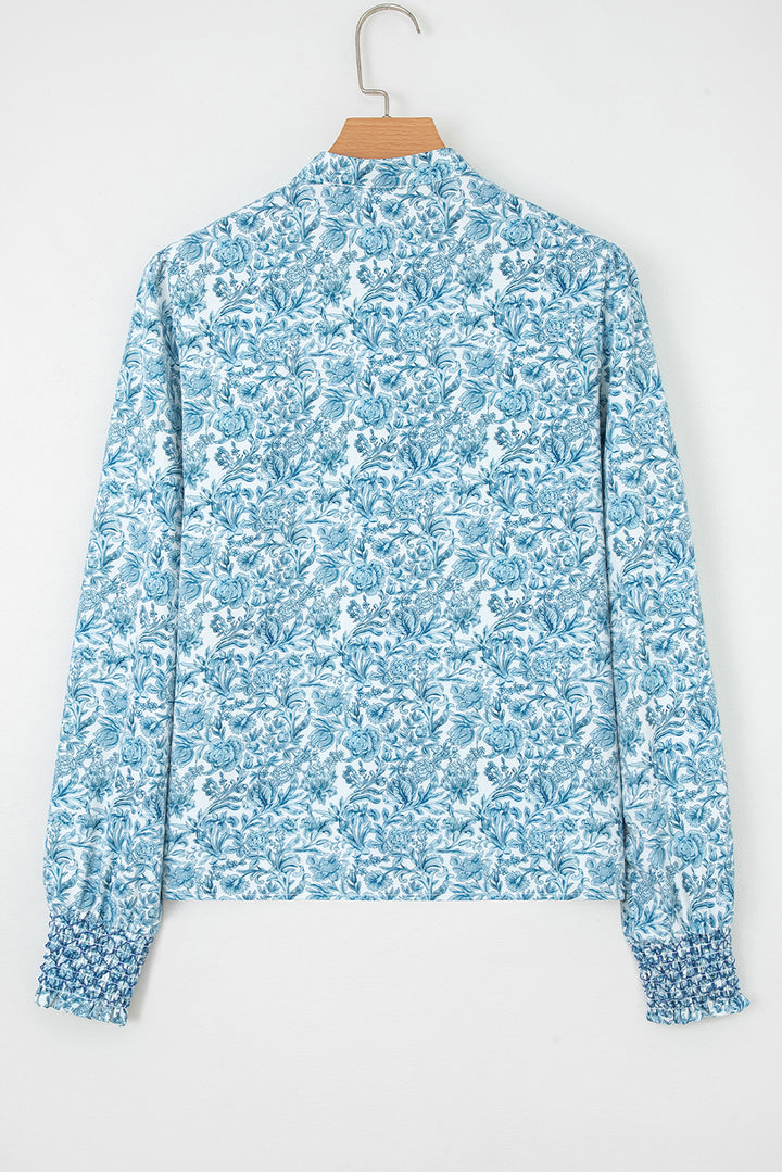 Sky Blue All Over Floral Puff Sleeve Shirt