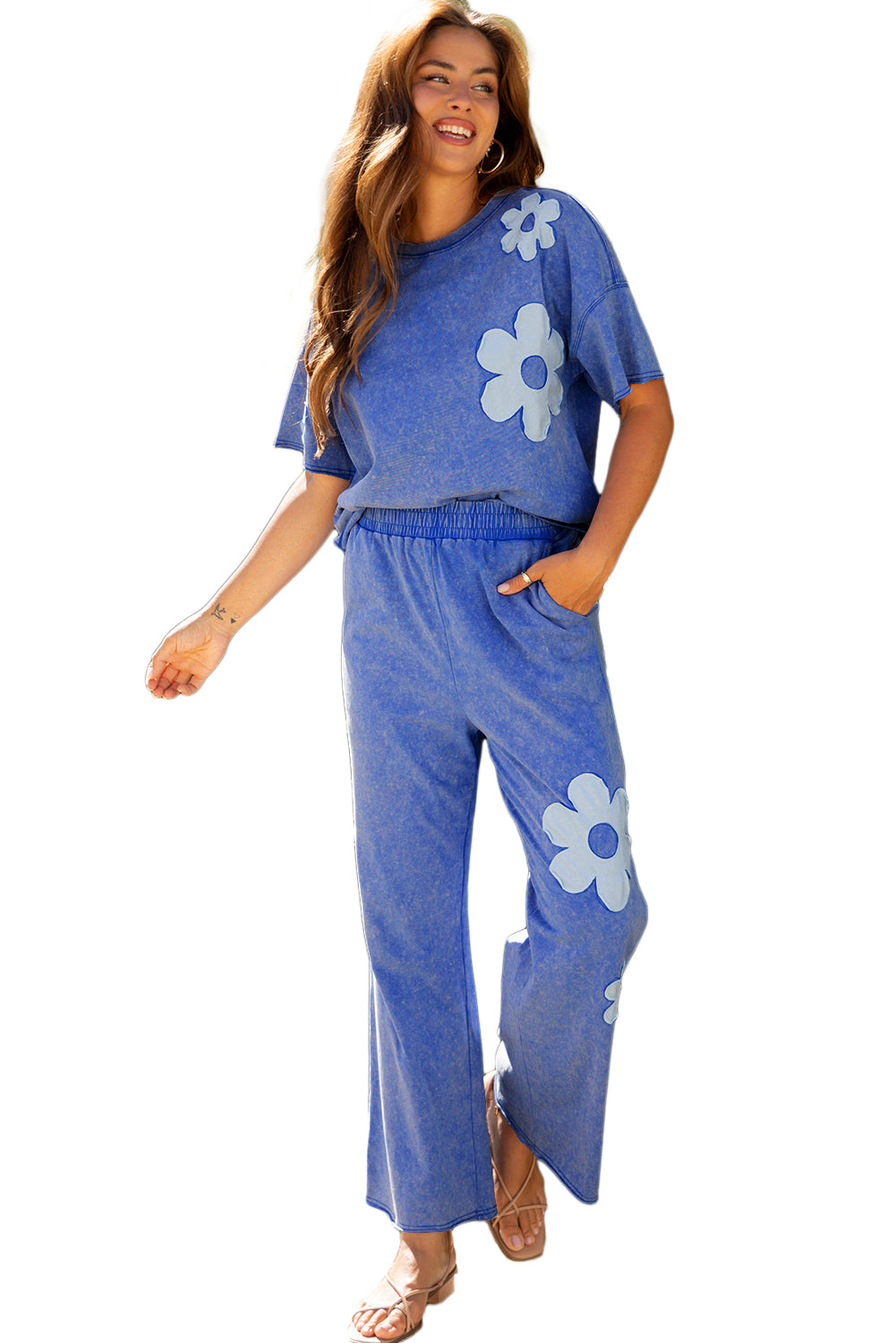 Lilac Floral Patch Exposed Seam Raw Edge Pants Set