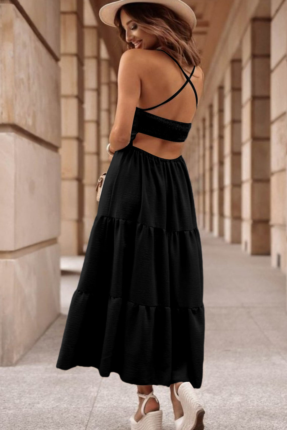 Black Crossover Backless Bodice Tiered Maxi Dress | Women