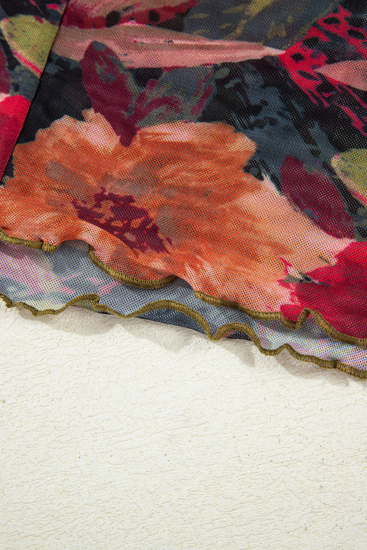 Multicolour Floral Print Lettuce Trim Long Sleeve Mesh Top
