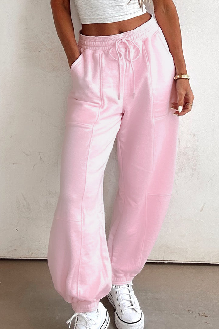 Light Pink Drawstring Elastic Waistband Solid Color Jogger Pants