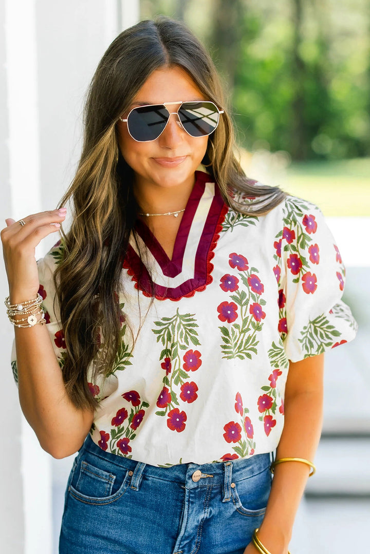 White Floral Short Bubble Sleeve Contrast Slit Neckline Blouse