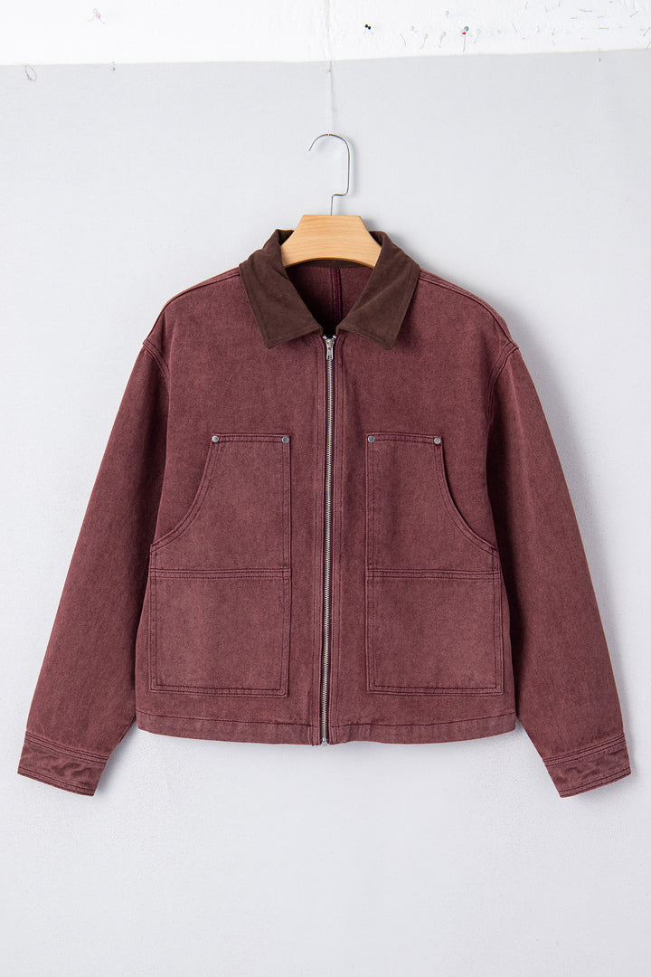 Coffee Corduroy Collar Zipped Front Denim Jacket