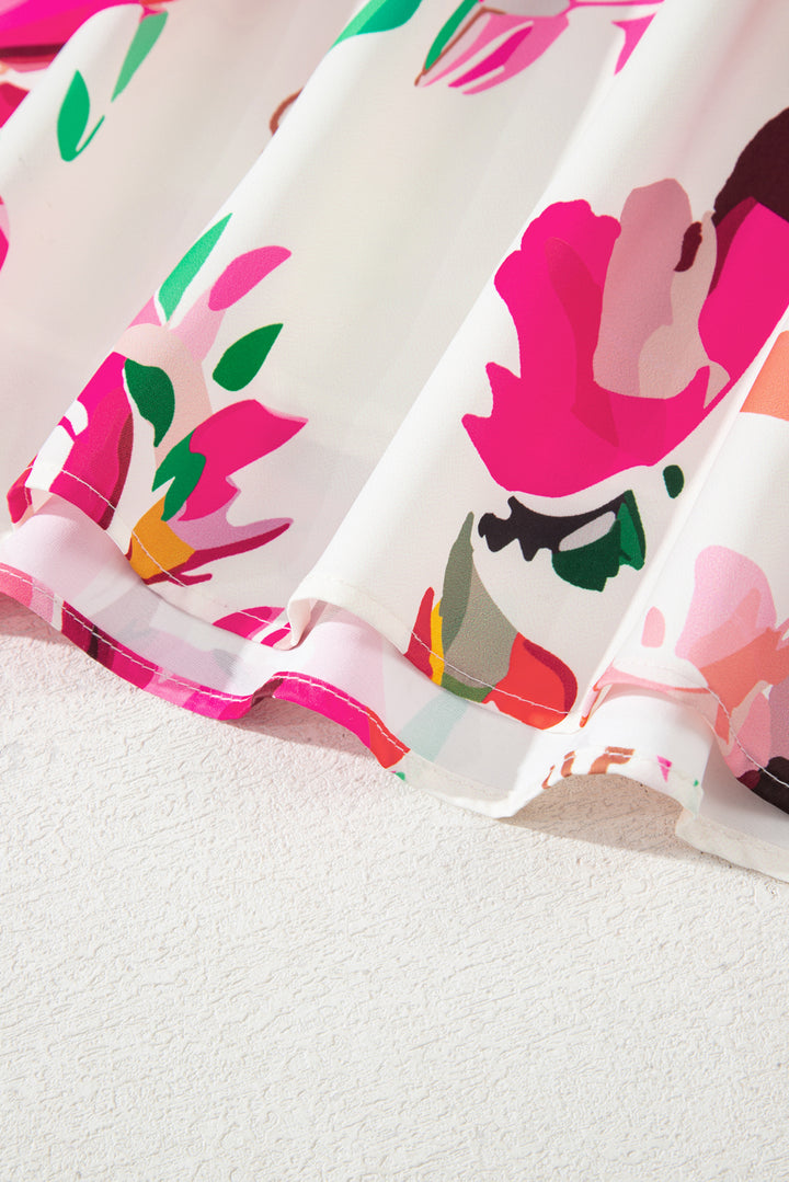 Pink Floral Print V Neck Ruffle Sleeve Plus Size Midi Dress