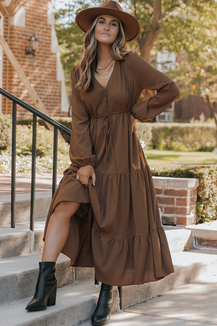Chestnut Solid Long Sleeve Button V Neck Tiered Maxi Dress