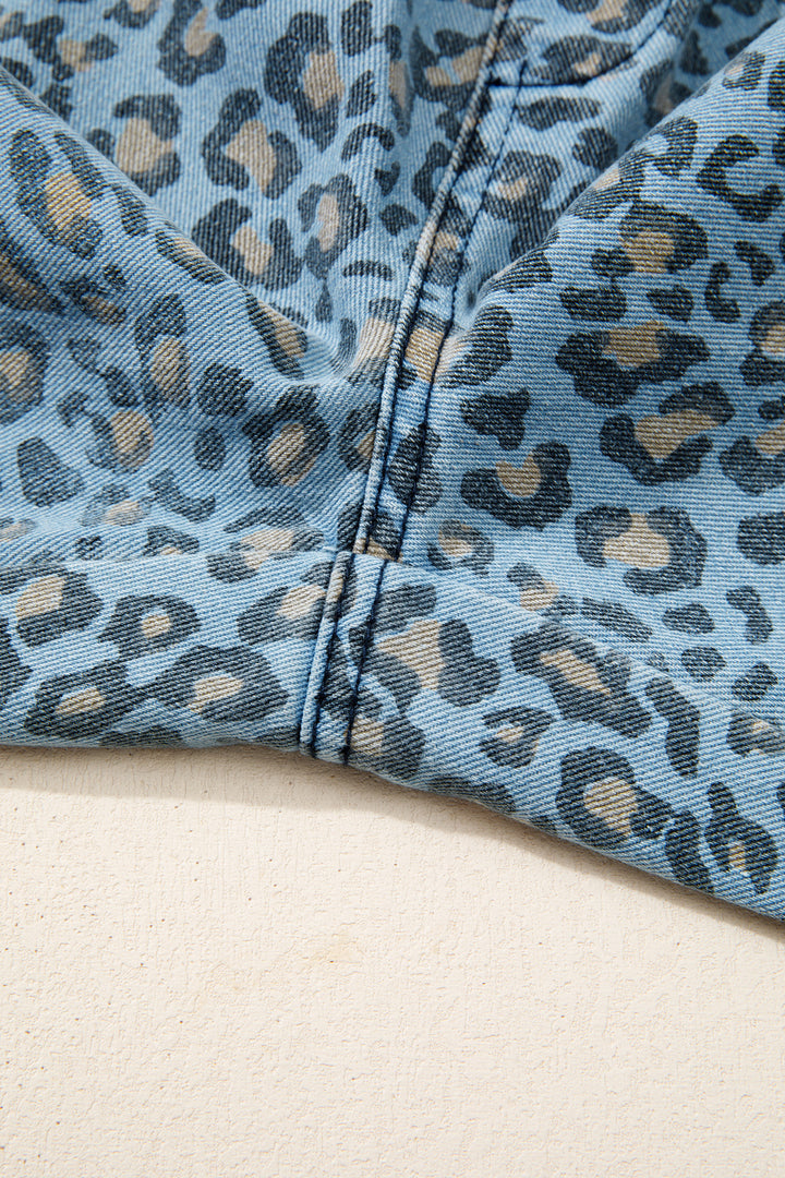 Blue Leopard Print Exposed Seam Detail Wide Leg Drawstring Jeans