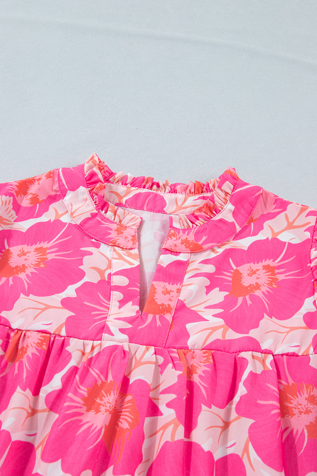 Pink Short Bubble Sleeve Summer Floral Blouse