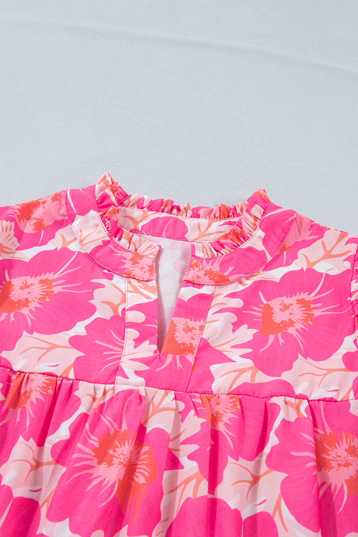 Pink Short Bubble Sleeve Summer Floral Blouse