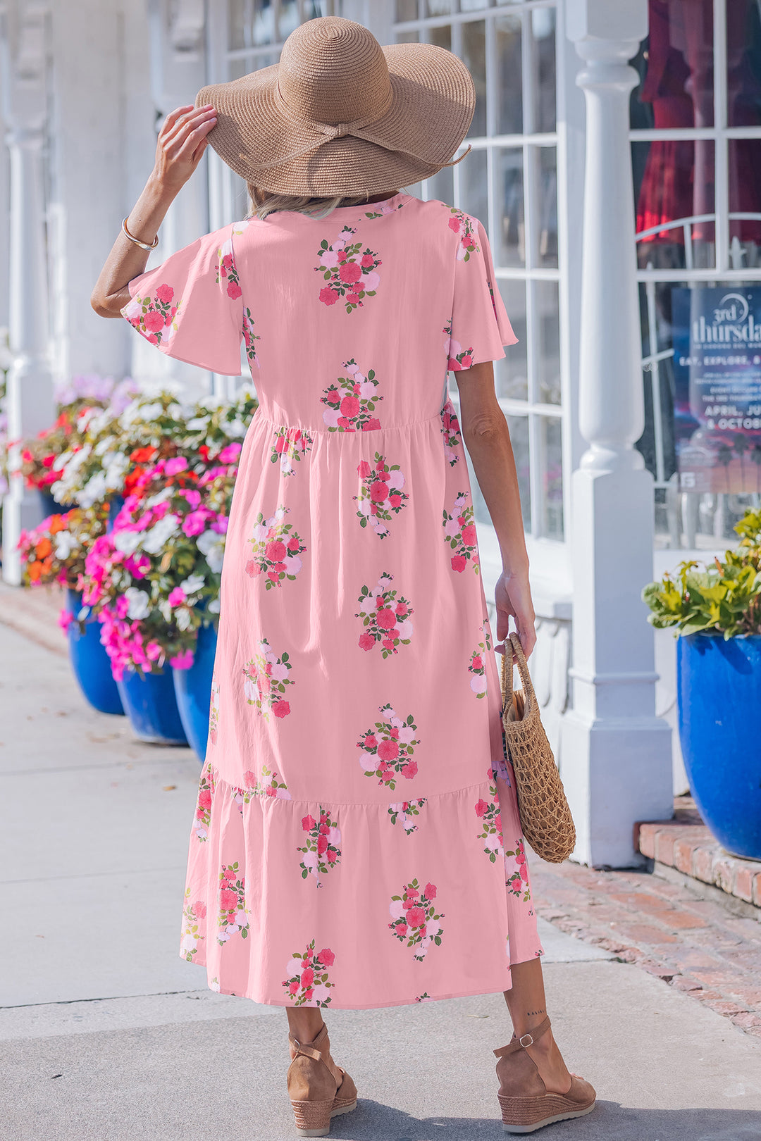 Pink Notched Neck Flutter Short Sleeve Floral Print Maxi Dress