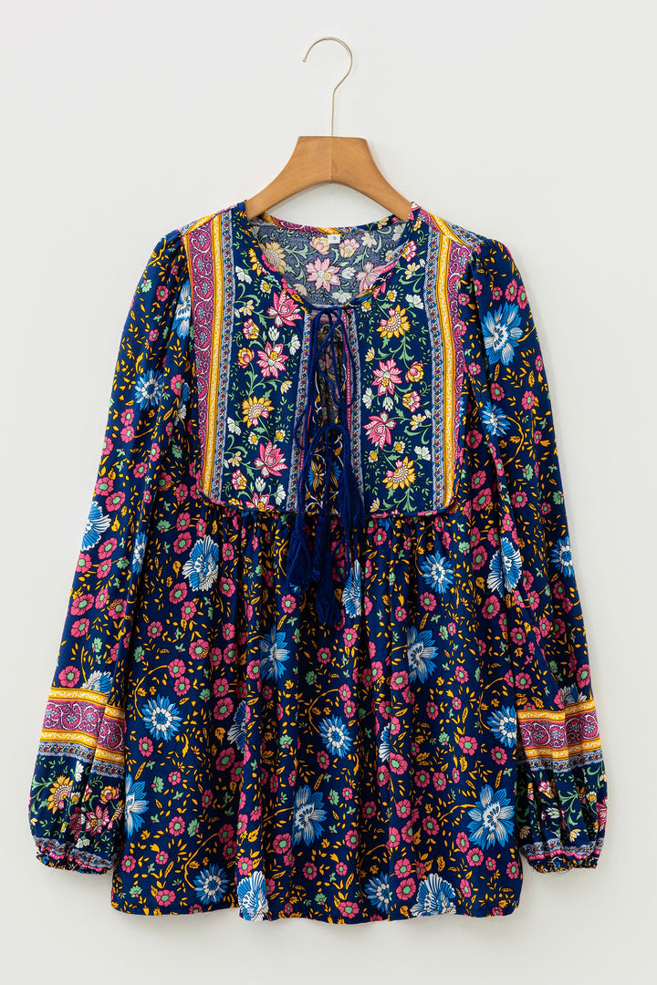 Blue Bohemian Floral Print Tassel Tie Front Long Sleeve Blouse