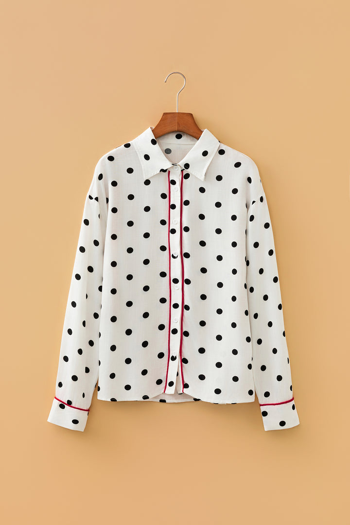 White Polka Dot Print Contrast Piping Elegant Shirt