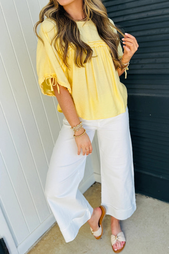 Mist Blue Tie Half Sleeve Pleated Detail Babydoll Blouse