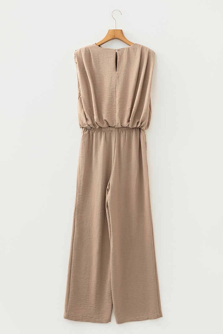 Pale Khaki Solid Color Keyhole Puffy Tank Drawstring Loose Pants 2pcs Outfit