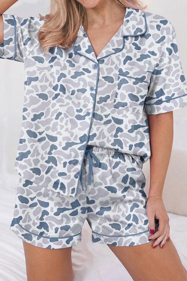 Beige Polka Dot Print Lapel Shirt Drawstring 2pcs Short Pajama Set