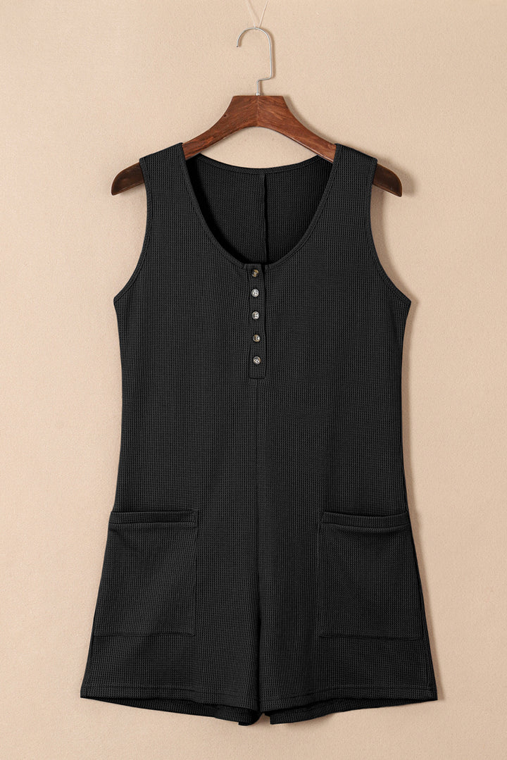 Black Waffle Sleeveless U Neck Buttons Romper With Pockets