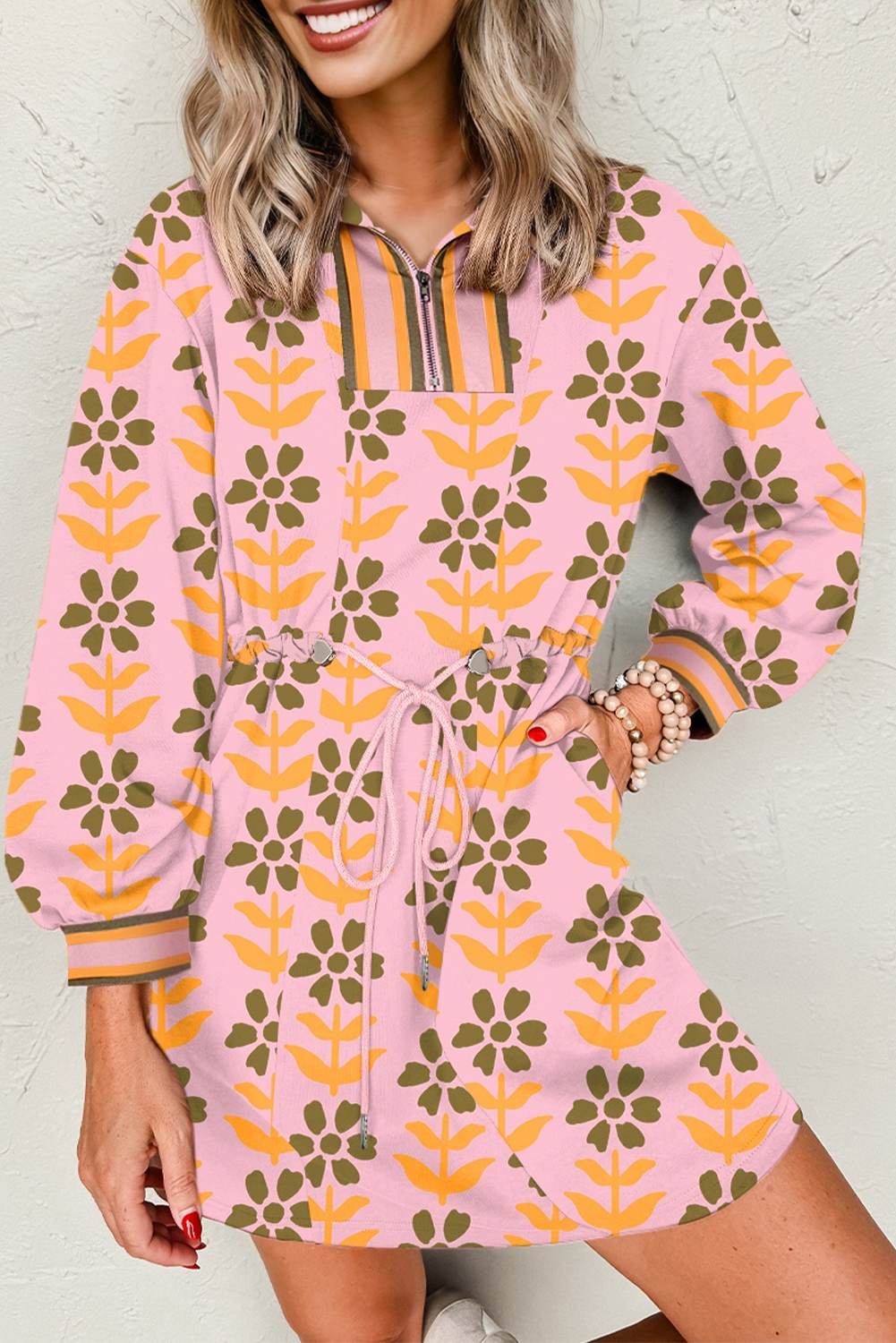 Pink Floral Print Zip Neck Striped Patchwork Long Sleeve Drawstring Dress