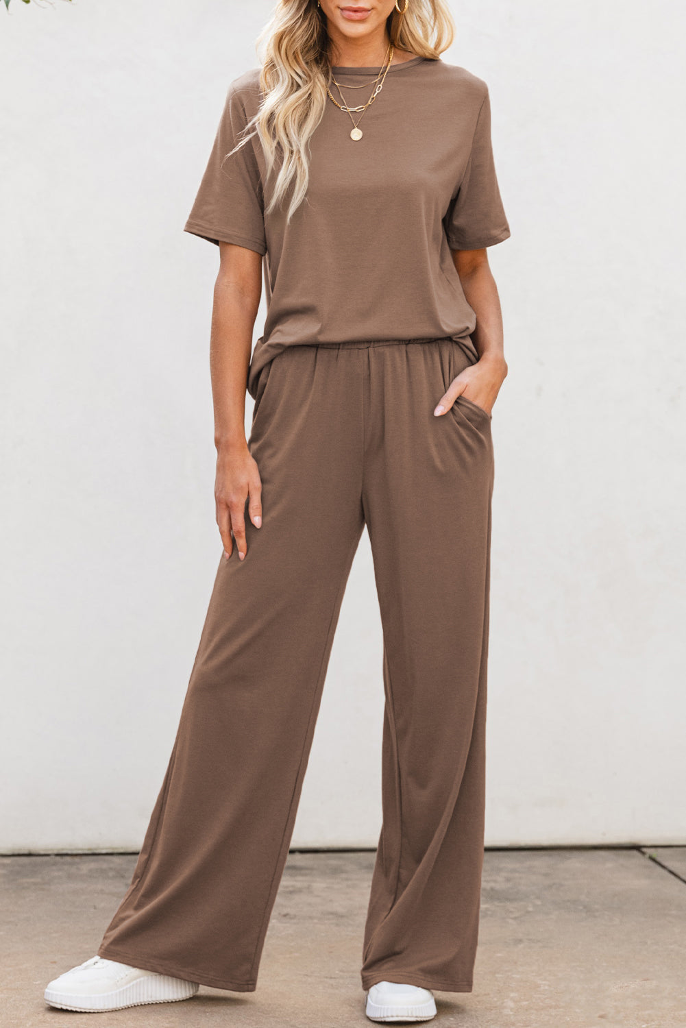 Smoke Gray Solid Color T Shirt 2pcs Wide Leg Pants Set