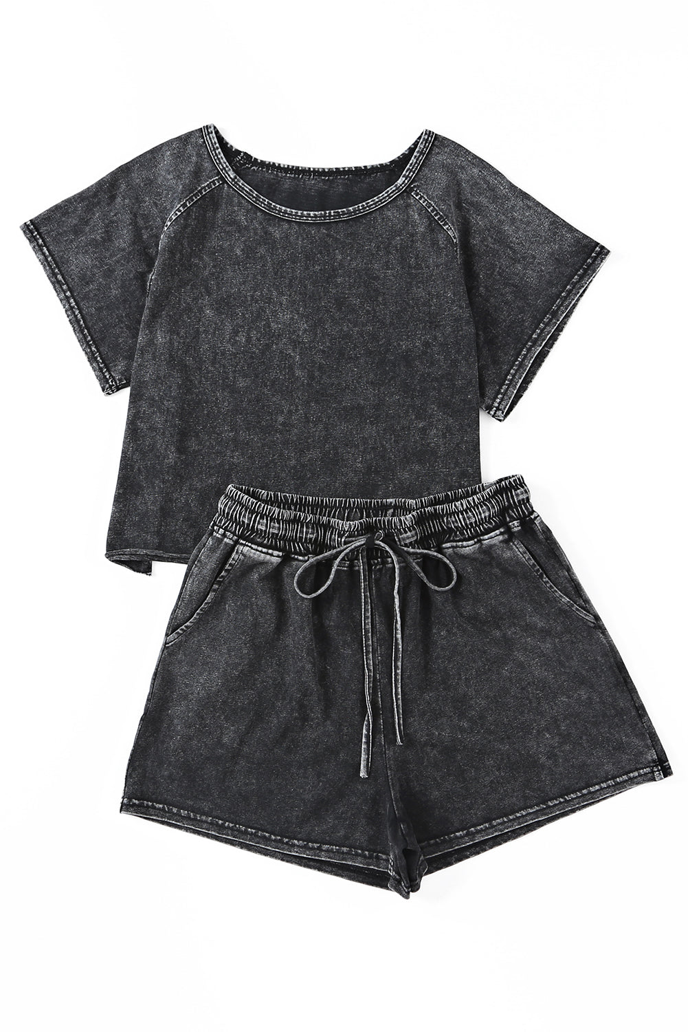 Black Acid Washed Short Lounge Set | Women