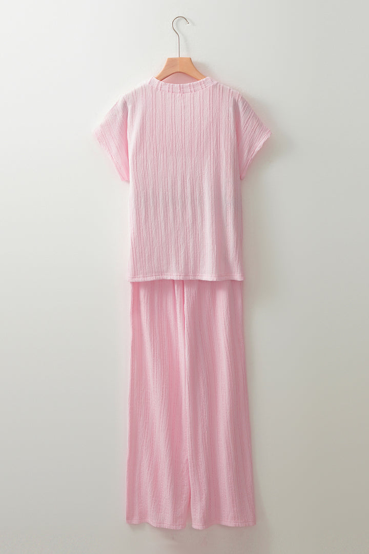 Light Pink Textured Short Sleeve Henley Top and Pocketed Wide Leg Pants