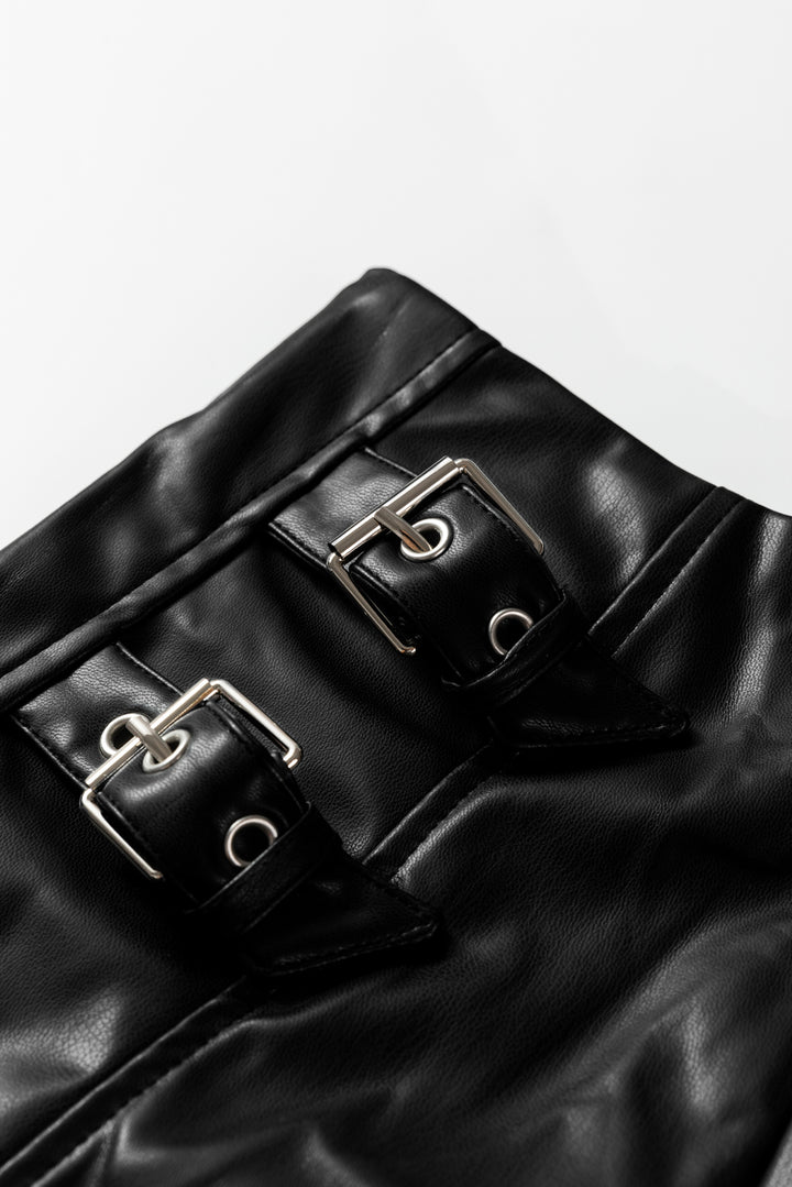 Black Faux Leather Retro Buckle Detail Pleated Stitch Flared Midi Skirt