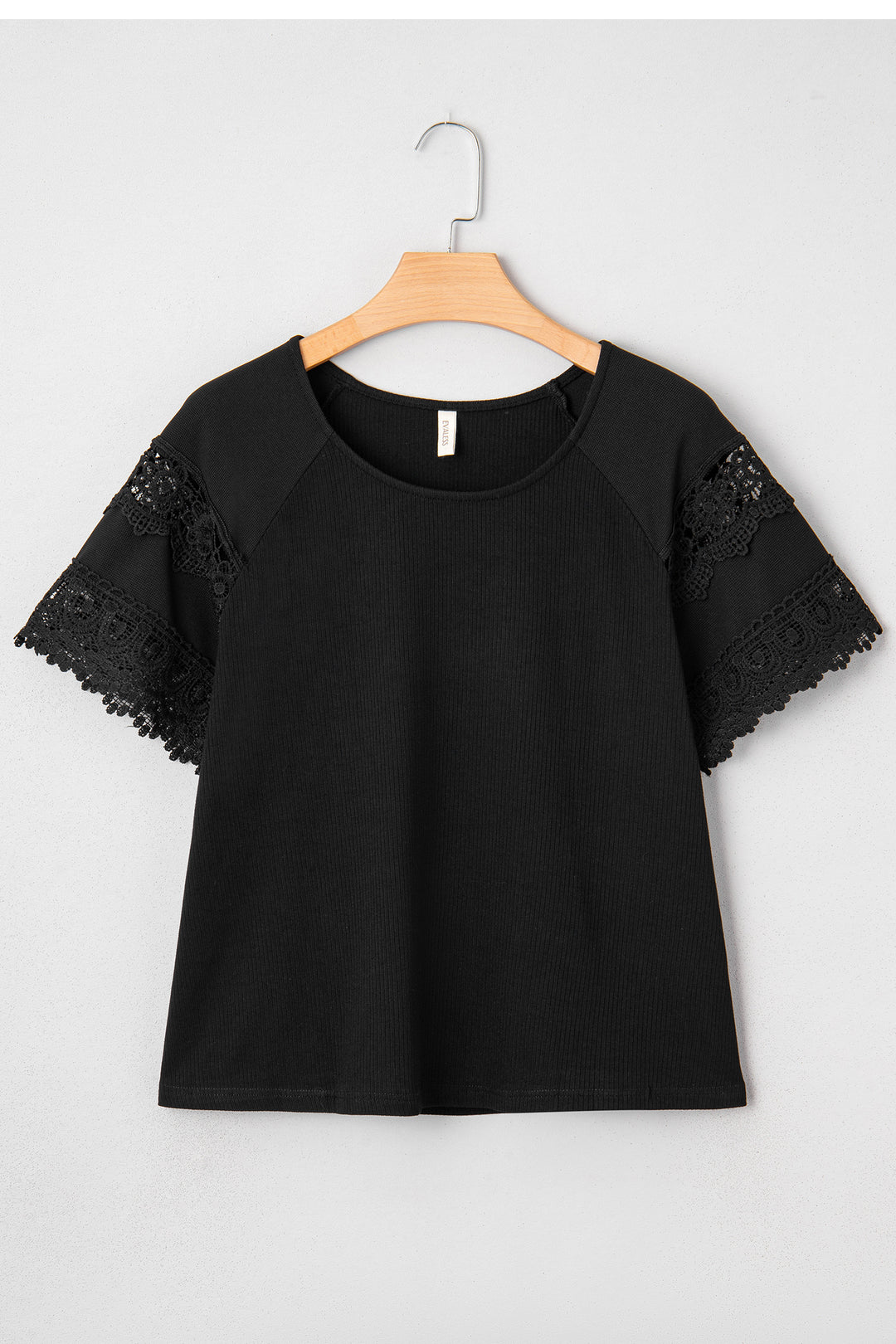 Black Ribbed Lace Patchwork Short Sleeve Top