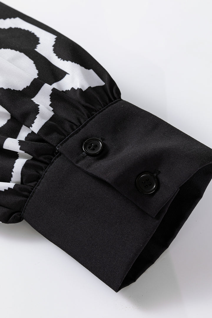 Black Polka Dot Floral Printed V Neck Long Sleeve Shift Mini Dress