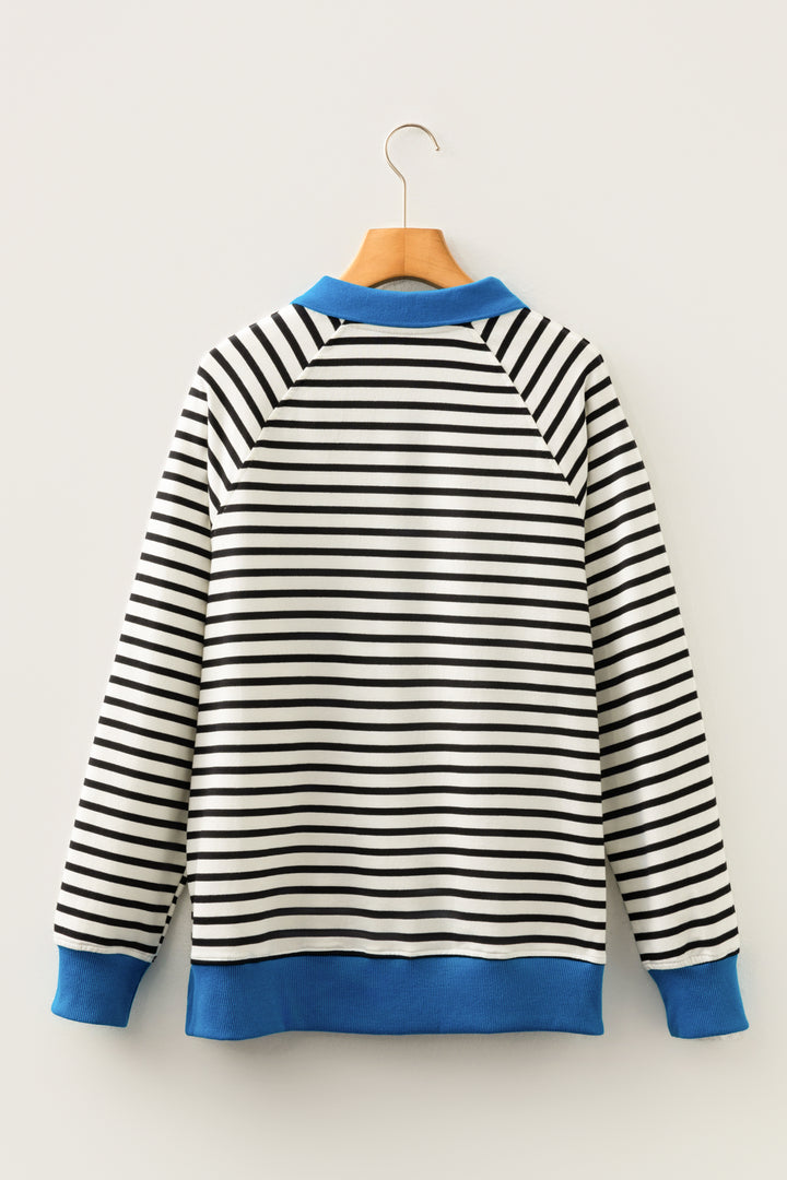 Black Stripe Color Block Patchwork Button Polo Collar Side Slit Sweatshirt
