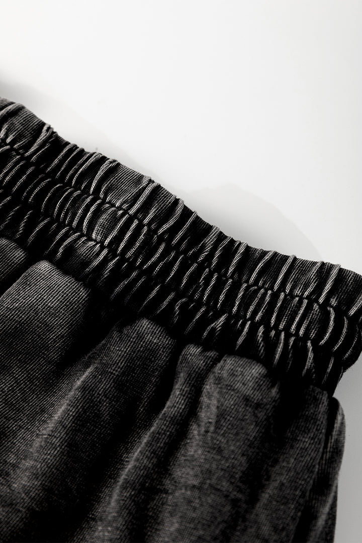 Black Mineral Wash French Terry Drawstring Elastic Waistband Casual Shorts