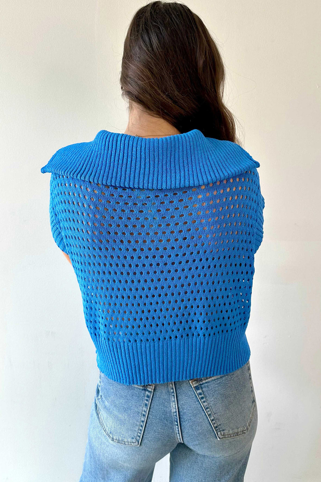 Sky Blue Solid Color Hollowed Knit Short Sleeve Zipper Collar Knitwear Top