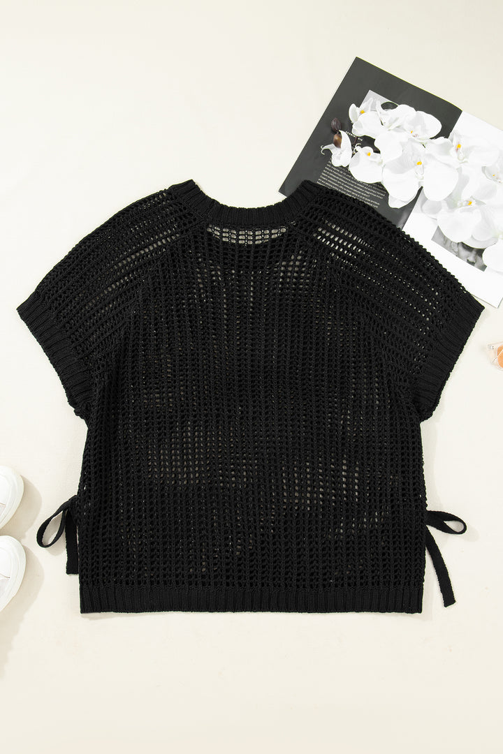 Black Plus Size Open Knit Bow Tie Short Sleeve Sweater