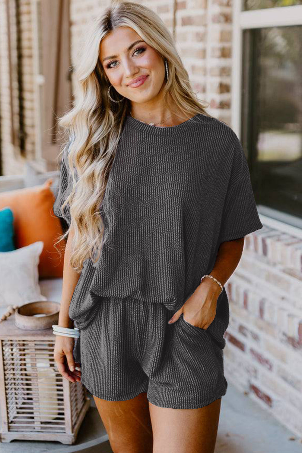 Carbon Grey Ribbed Textured Knit Loose Fit Tee and Shorts Set | Women