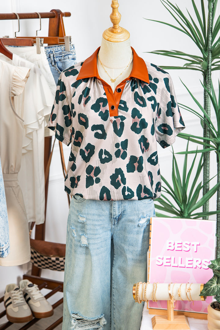 Casual Unique Leopard Print Button Contrast Collared Short Sleeve Blouse
