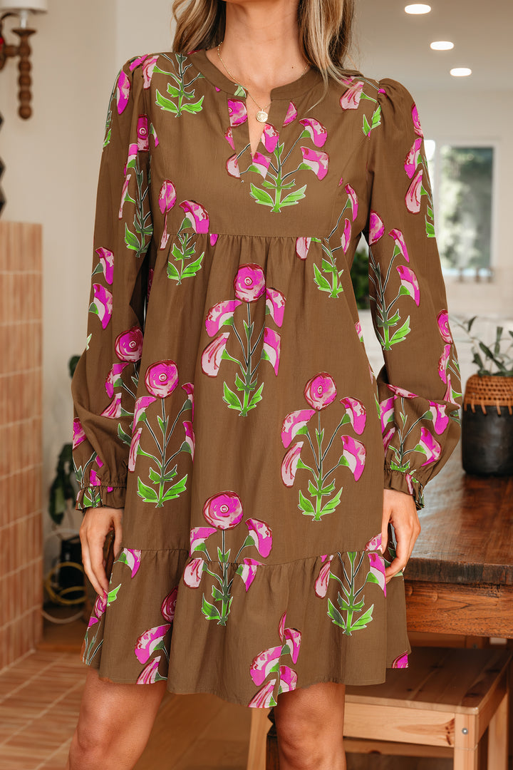 Brown Contrast Floral Print Babydoll Tunic Ruffled Hem Puff Sleeve Dress