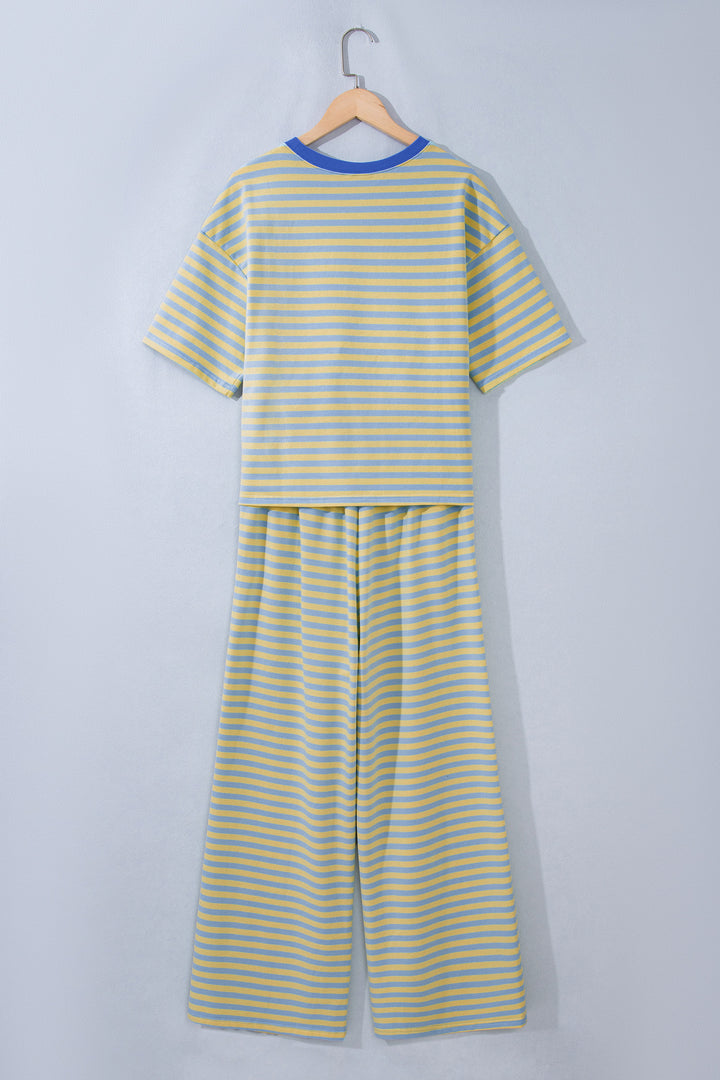Yellow Stripe Colorblock Trim Crew Neck Loose Tee Drawstring Elastic Waist 2pcs Pant Set