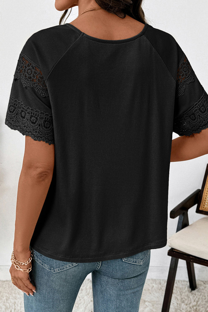 Black Ribbed Lace Patchwork Short Sleeve Top