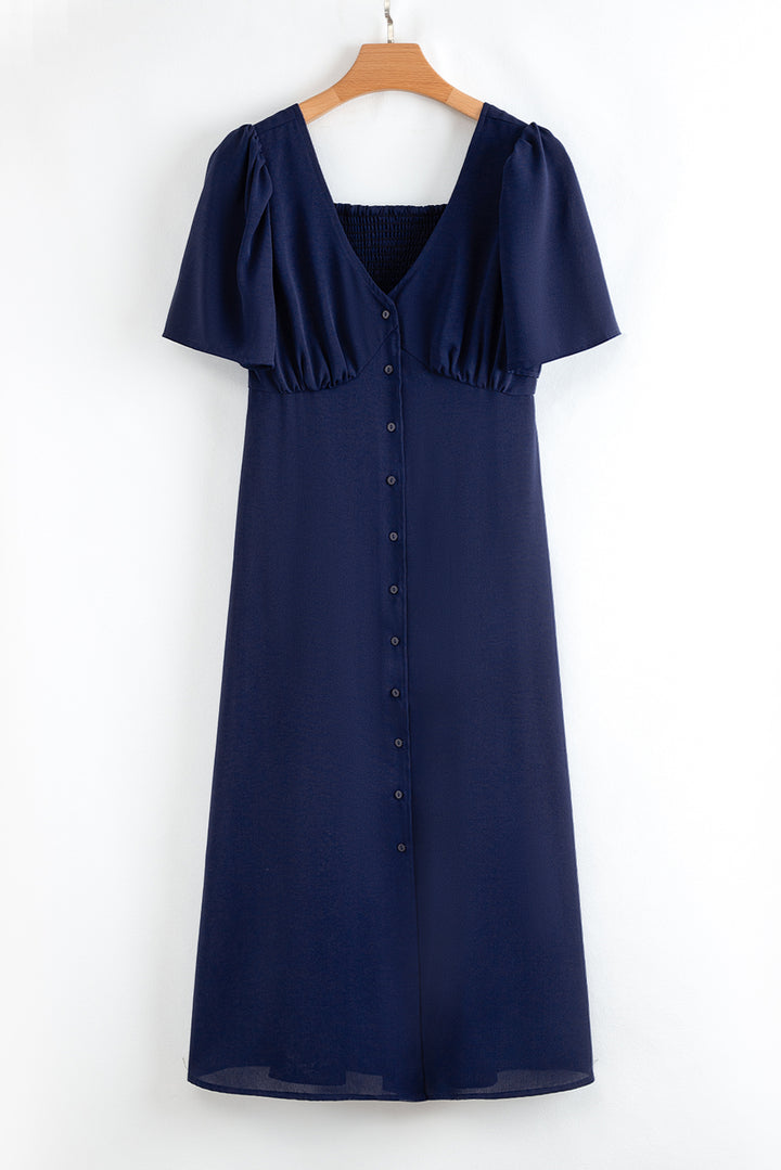Navy Blue V Neck Buttoned Front Shirred Back Short Sleeve Midi Dress