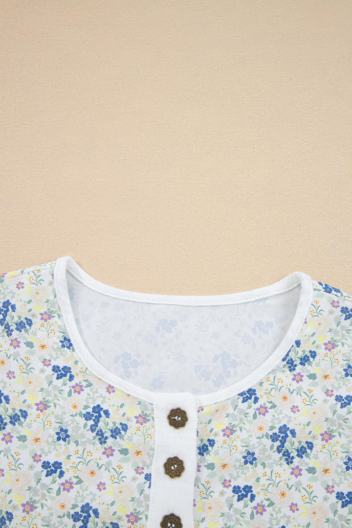 Sky Blue Floral Print Gauze Patchwork Henley Button 3/4 Sleeve Blouse