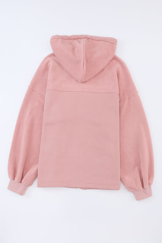 Pink Flap Pocket Drawstring Hood Zip Up Jacket