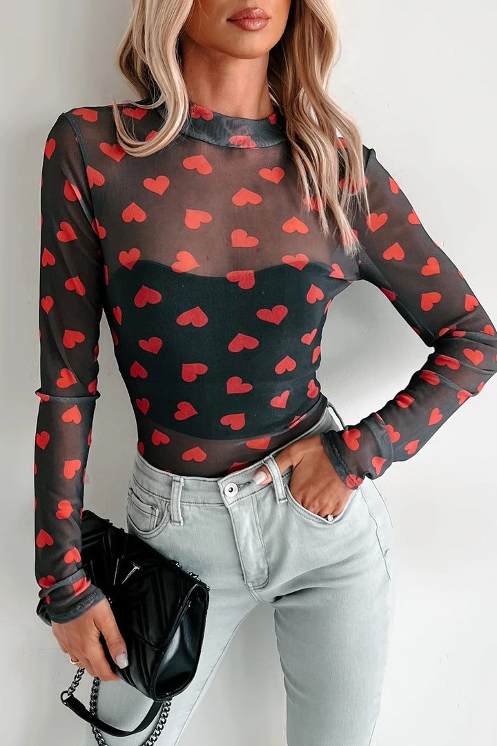 Black Valentines Heart Printed Sheer Mesh Long Sleeve Top