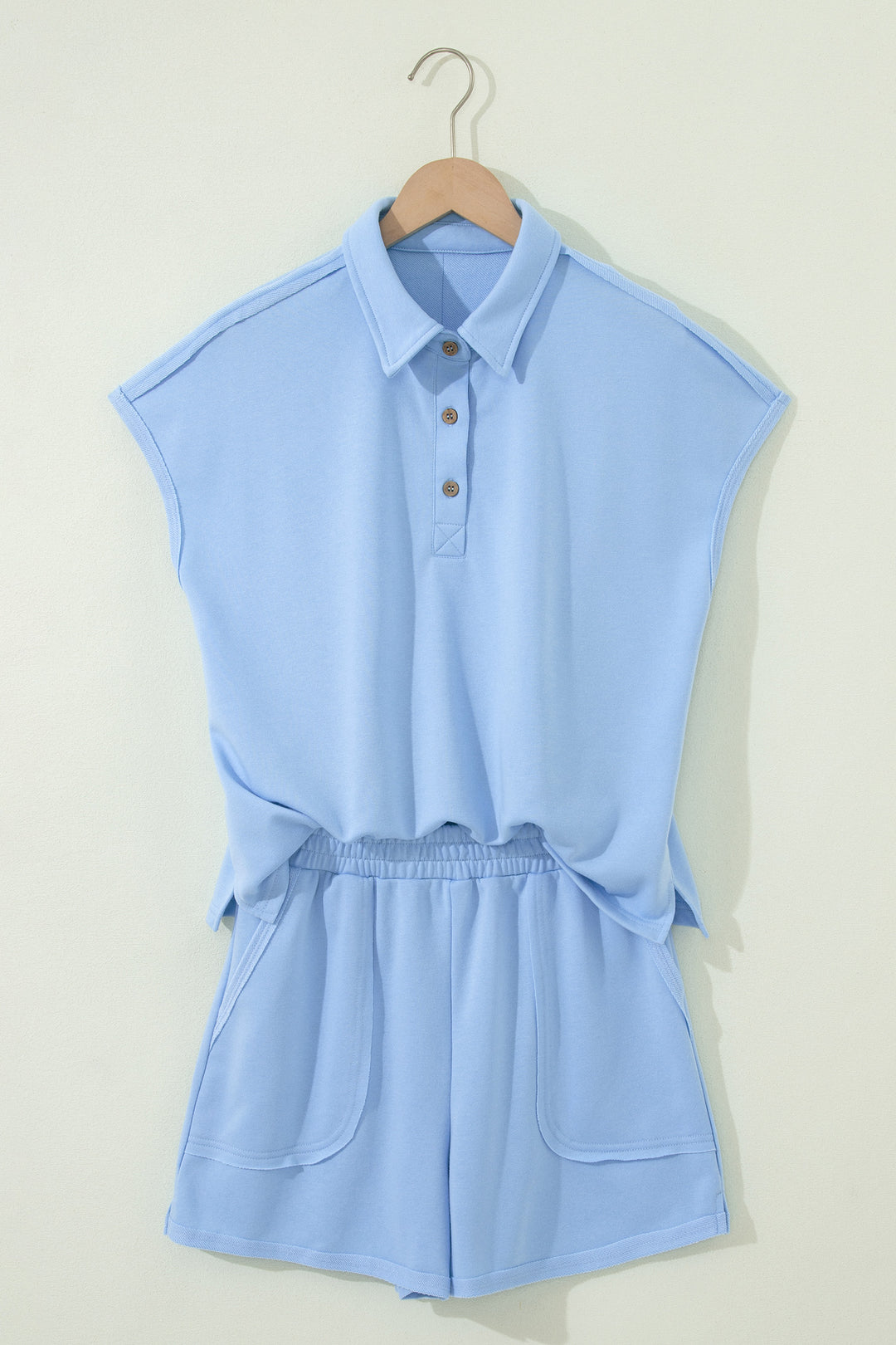 Light Green Loose Polo Tee Elastic Waist 2pcs Short Set