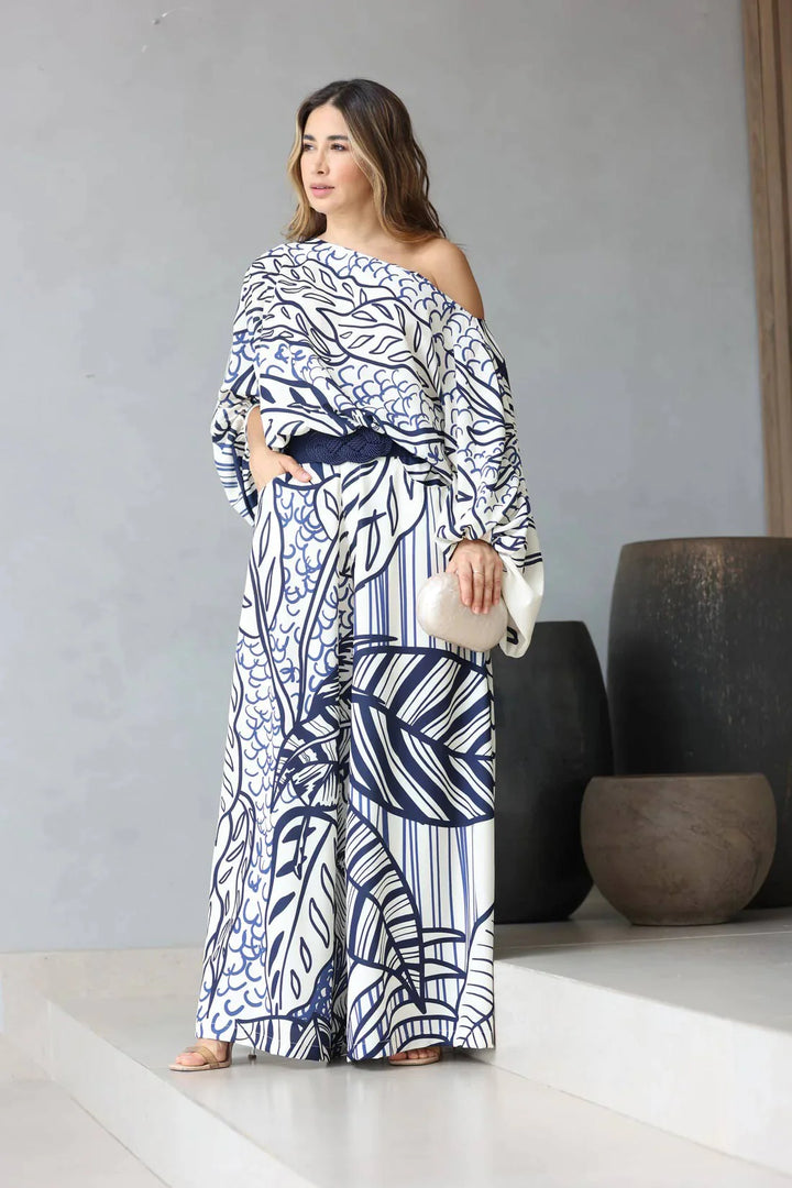 Leaf Print Luxury Off-Shoulder Top & Wide Leg Pant Co-ord set | Women