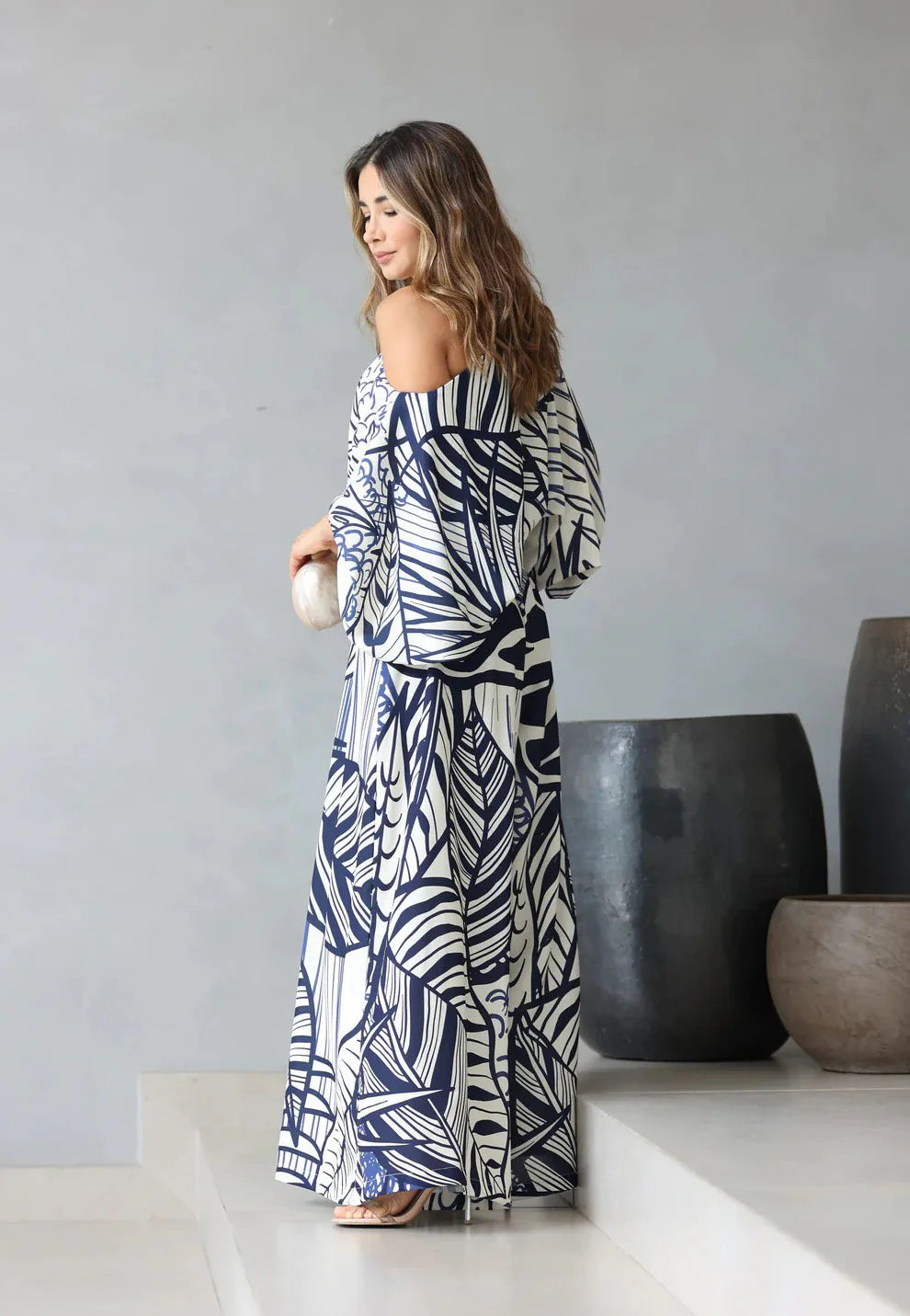 Leaf Print Luxury Off-Shoulder Top & Wide Leg Pant Co-ord set | Women