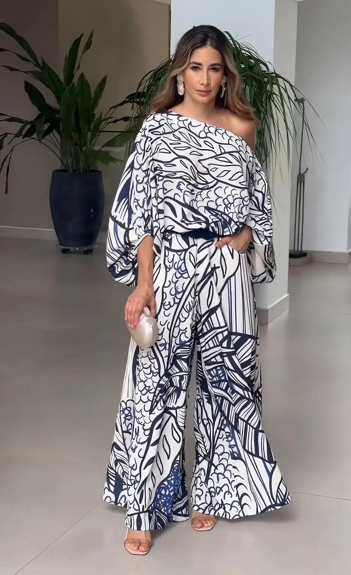 Leaf Print Luxury Off-Shoulder Top & Wide Leg Pant Co-ord set | Women