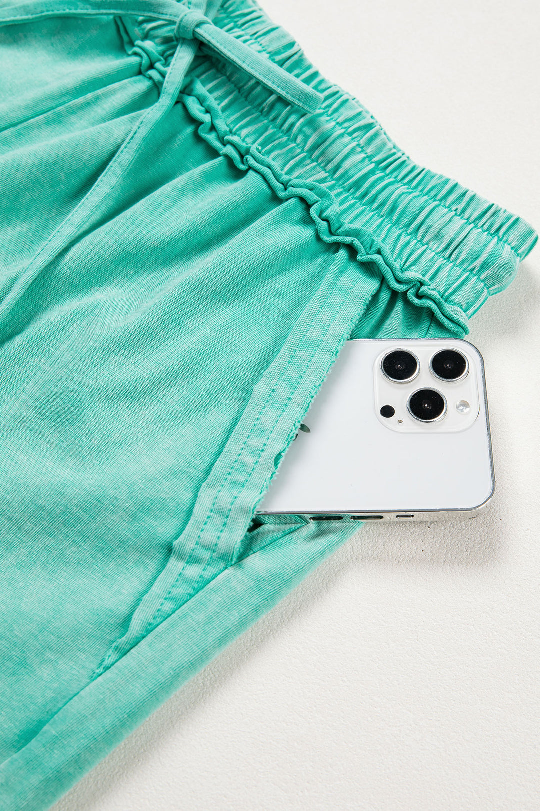 Sea Green Mineral Washed Drawstring Elastic Waist Raw Cut Shorts